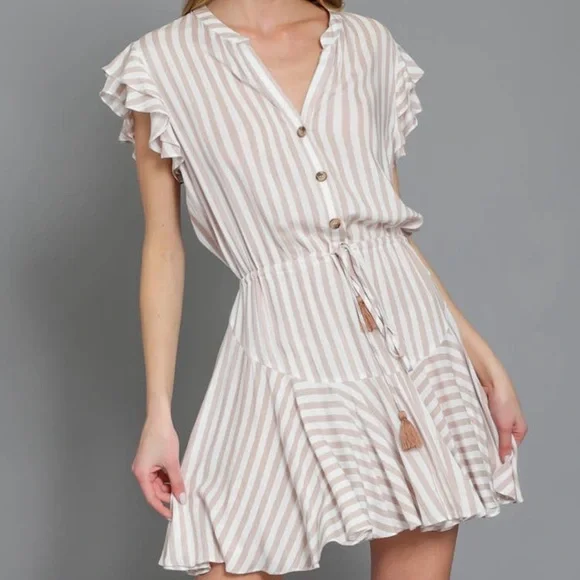 NWOT Tan & White Striped Ruffle Sleeve Shirt Dress - Picture 8 of 10